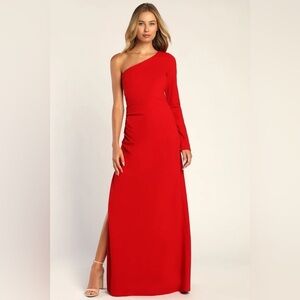 Lulus Red One Shoulder Sleeve Maxi Dress Size Small NWOT